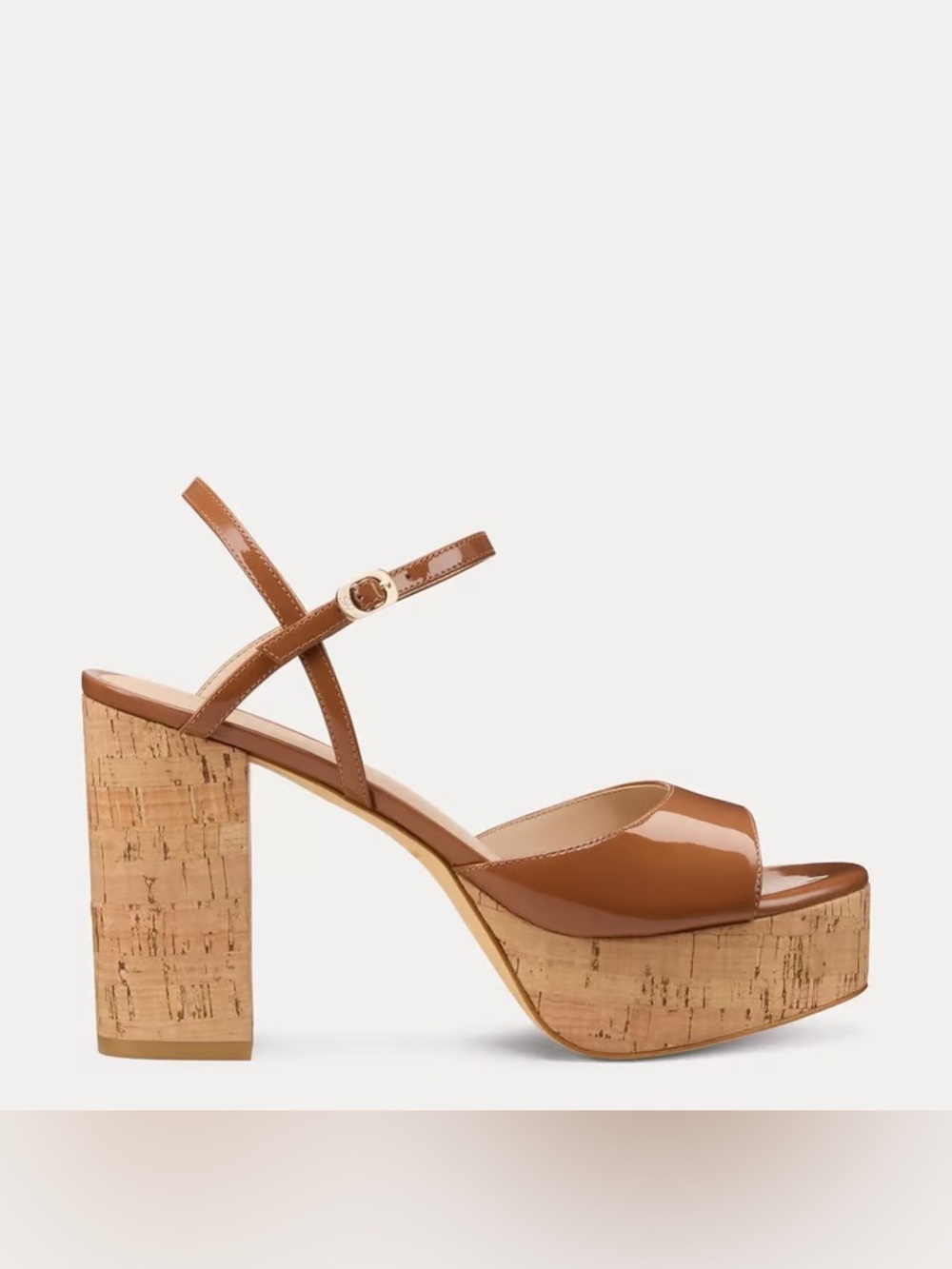 Stuart Weitzman Cognac Patent Cork Platform Sandals